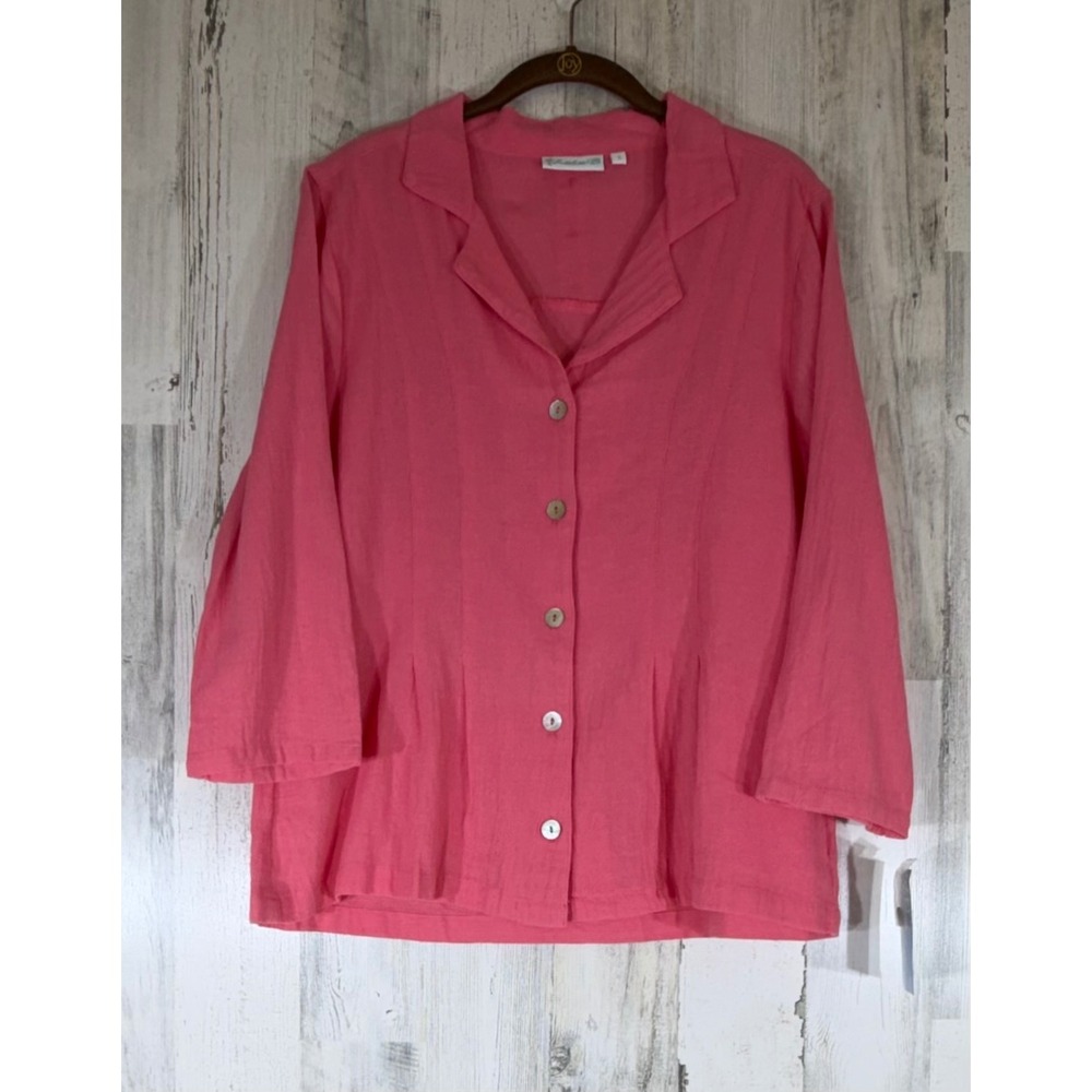 Lulu-B Button Down Shirt Small Pink 100% Cotton Pintuck 3/4 Sleeve Button‎ Back